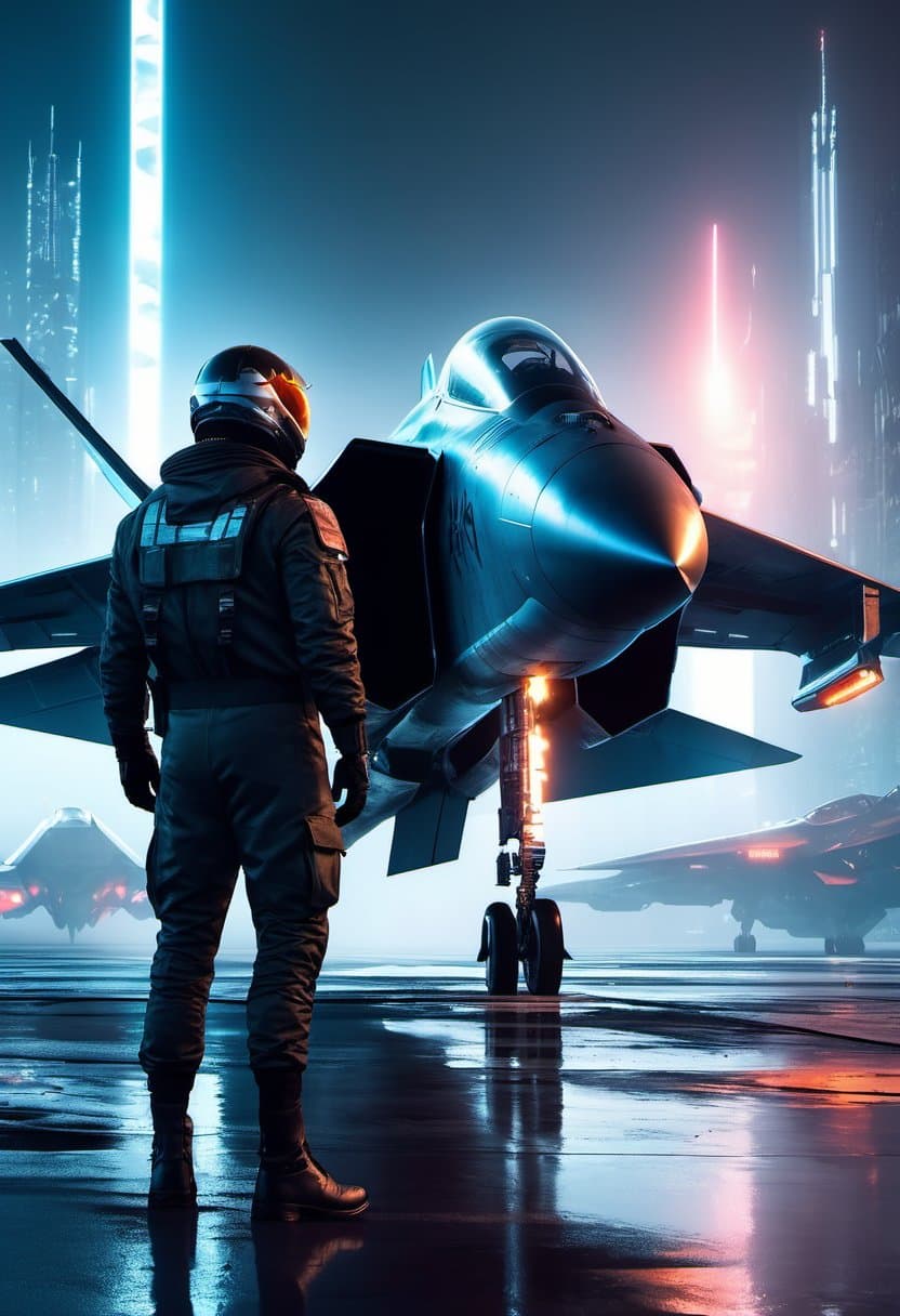 AI generated: russian fighter pilot stands beside futuristic sci fi fighter jet grounded at runway of cyberpunk ci...