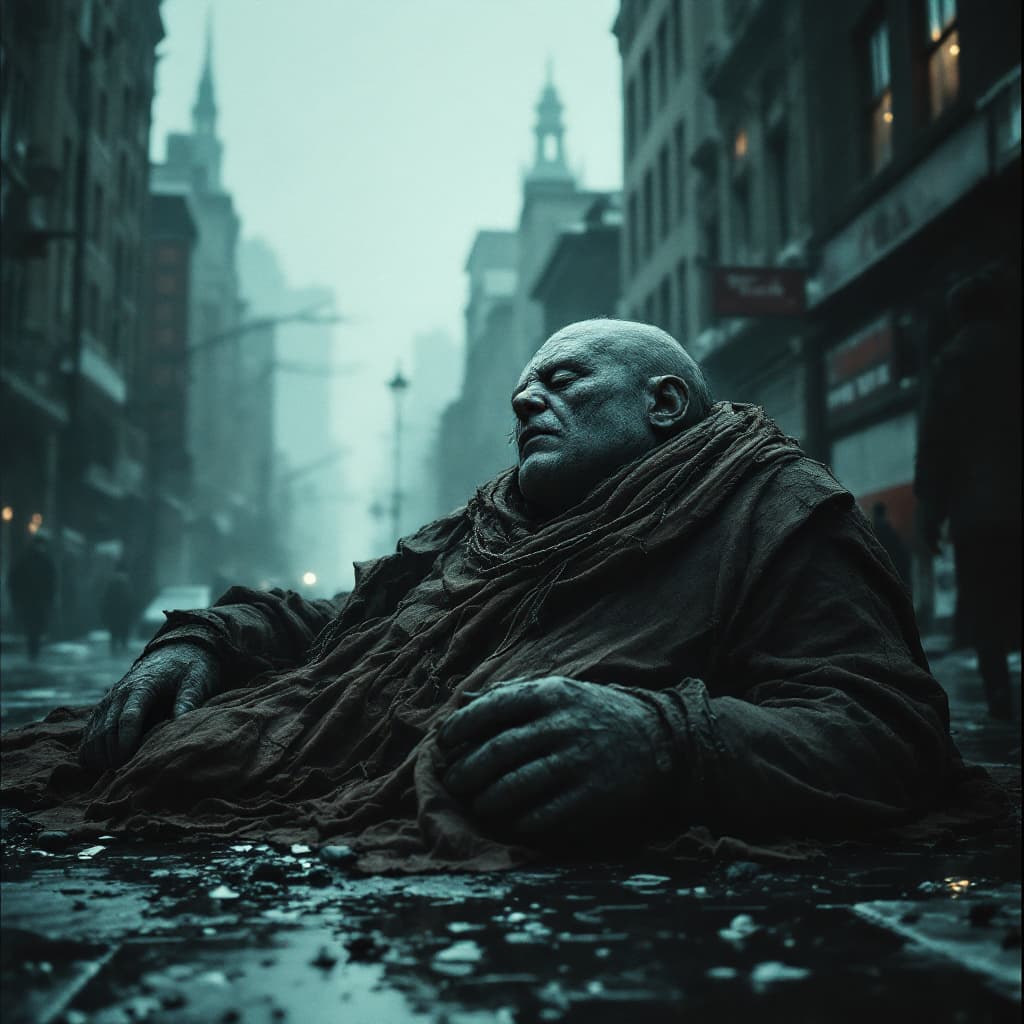 AI generated: A sleeping giant with a very small head, dressed in rags, in a desolate city, Cold Atmosphera, cinem...