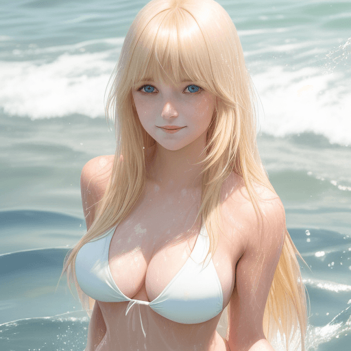 AI generated: young woman with bangs, long blonde hair wearing a white bikini stands outdoors in bright sunlight. ...