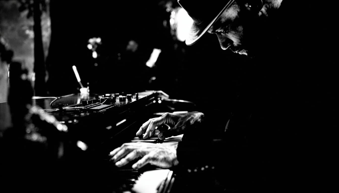 AI generated: Capture the essence of a jazz musician immersed in performance. Focus on hands skillfully dancing ov...