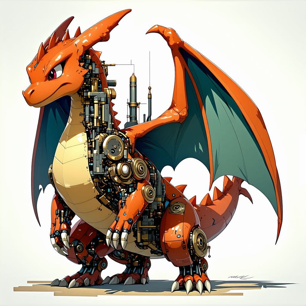 AI generated: Ultra Realistic Steampunk-themed illustration of Charizard with mechanical elements, intricate and d...