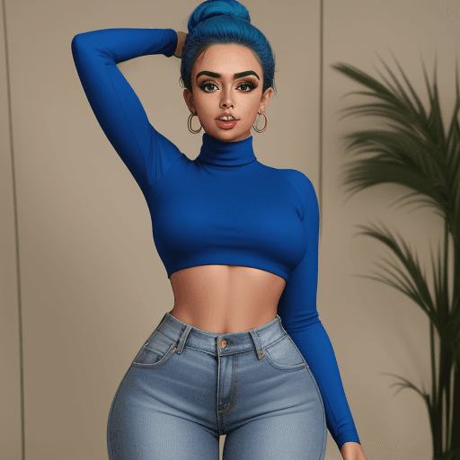 AI generated: youtuber gabi belle, bindi, gorgeous figure, wearing a cropped turtleneck with blue jeans