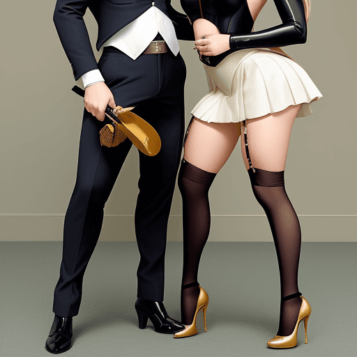 AI generated: a blonde dominatrix with ponytail and glasses in equestrian attire wearing high heel carry a crop an...
