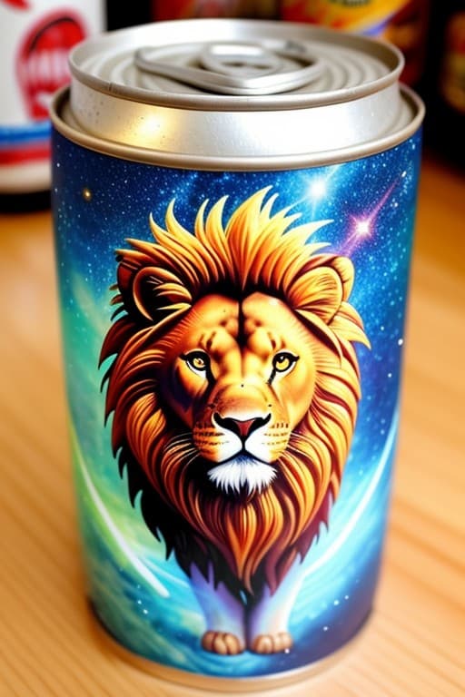 AI generated: masterpiece raw photo soda can with mystical fantastical space lion on it