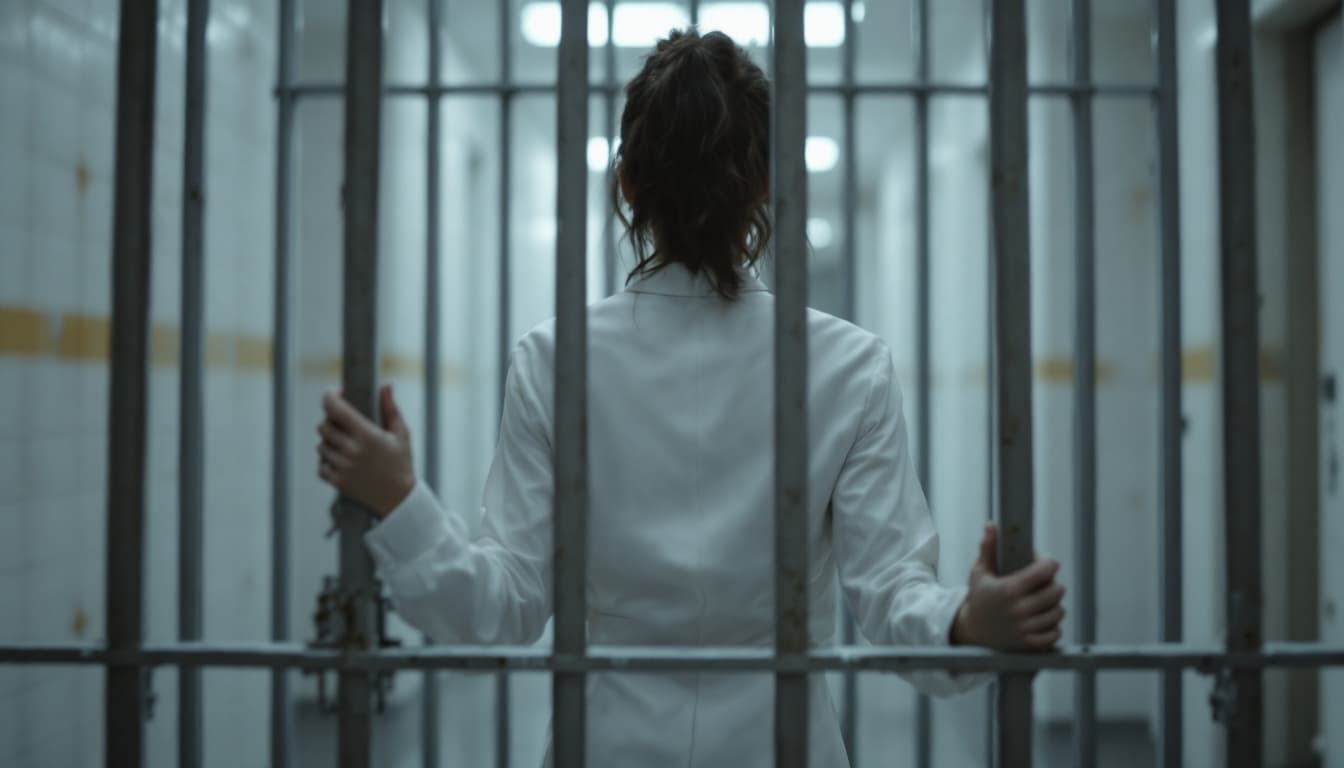 AI generated:  high definition camera shot from behind- a woman in a white gown and with her behind the bars in a ...