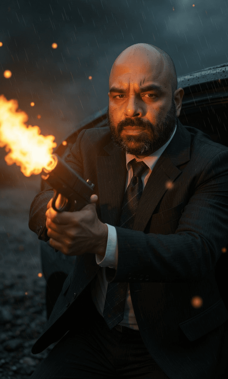 AI generated: A medium shot captures a man in a dynamic action pose, firing a handgun with a dramatic muzzle flash...