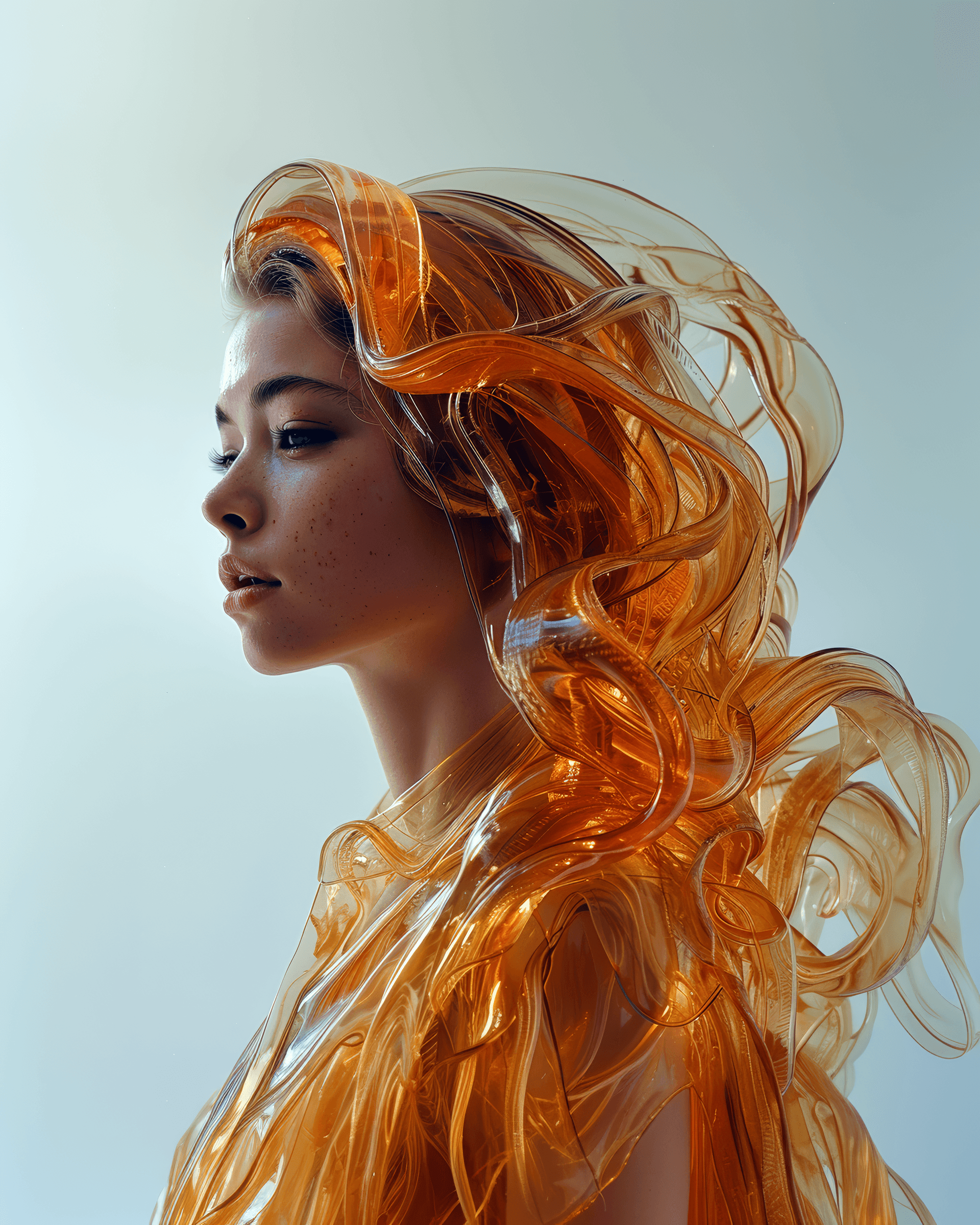 AI generated: An Icelandic woman, beautiful face, perfect figure, wearing a long dress made of jelly, jelly surfac...