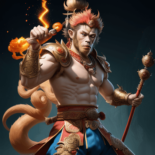 AI generated: masterpiece, concept art, mid shot, dynamic pose, centered, splash art, Sun wukong, (anthropomorphis...