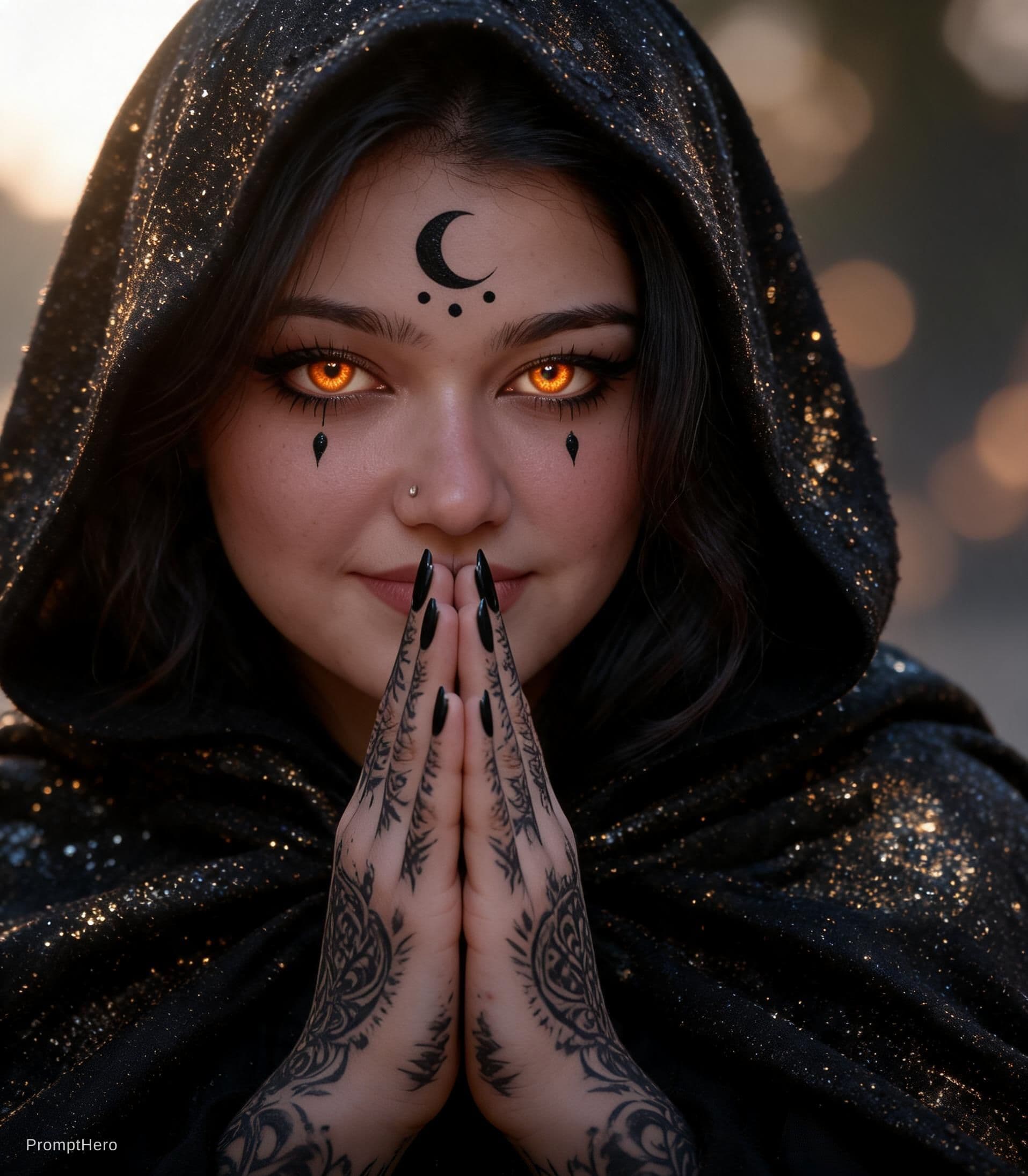 AI generated: "A highly detailed, photorealistic portrait of a mysterious woman with intense glowing amber-orange ...