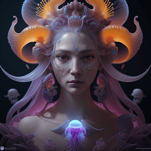 AI generated: Goddess close-up portrait ribcagel. jellyfish phoenix head, nautilus, orchid, skull, betta fish, bio...