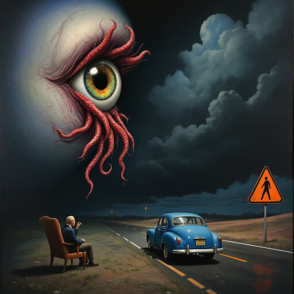 AI generated: A surrealist painting of an eye on the side, with tentacles having red meat coming out from it and c...