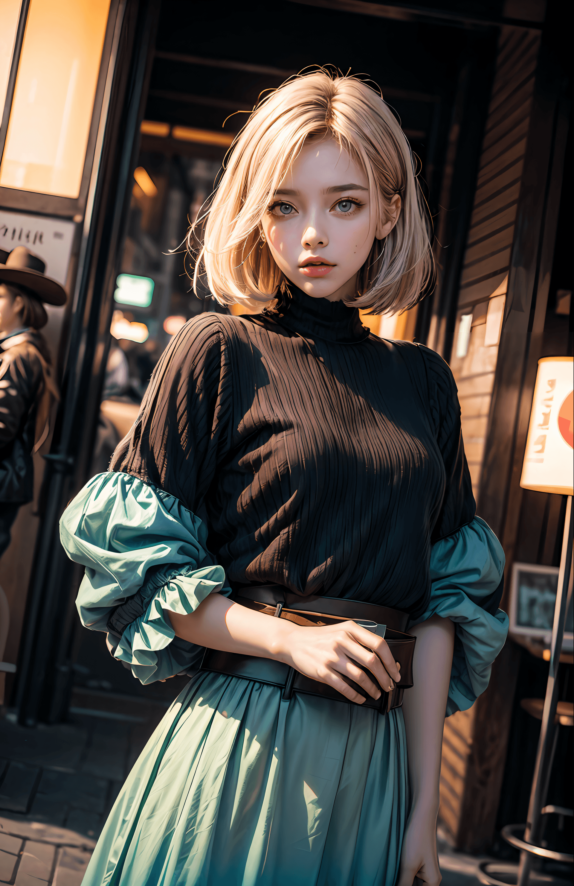 AI generated: (gradient hair, dutch angle:1.3), film grain, chromatic aberration, city centre, masterpiece, best q...