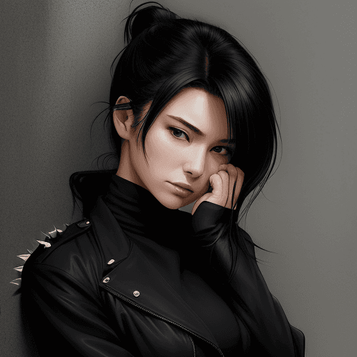 AI generated:  woman in a black jacket leaning against a wall, in the style of tsubasa nakai, romantic soft focus ...