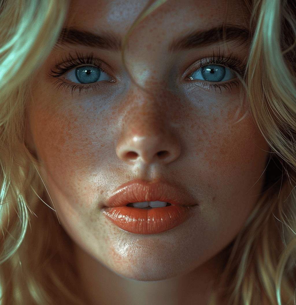 AI generated: a blue eyed woman with blonde hair, in the style of cinematic lighting, light orange and white, , re...