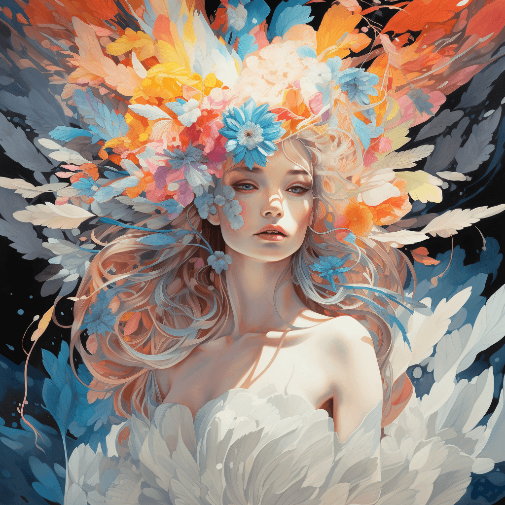AI generated: brighter colours REMIX OF FOLLOWING PROMPT: close up art deco illustration of an angel with icy wing...