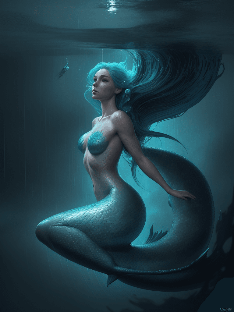 AI generated: Body oil painting of a beautiful (mermaid: 1. 3), beautiful face, big fin, very detailed, floating i...