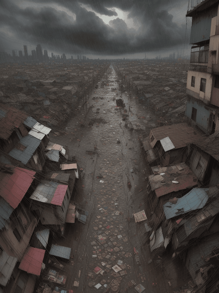 AI generated: A heavy storm and flooding of a slum area,iconic album covers,
rain,typhon,
litter,intricate detail,...
