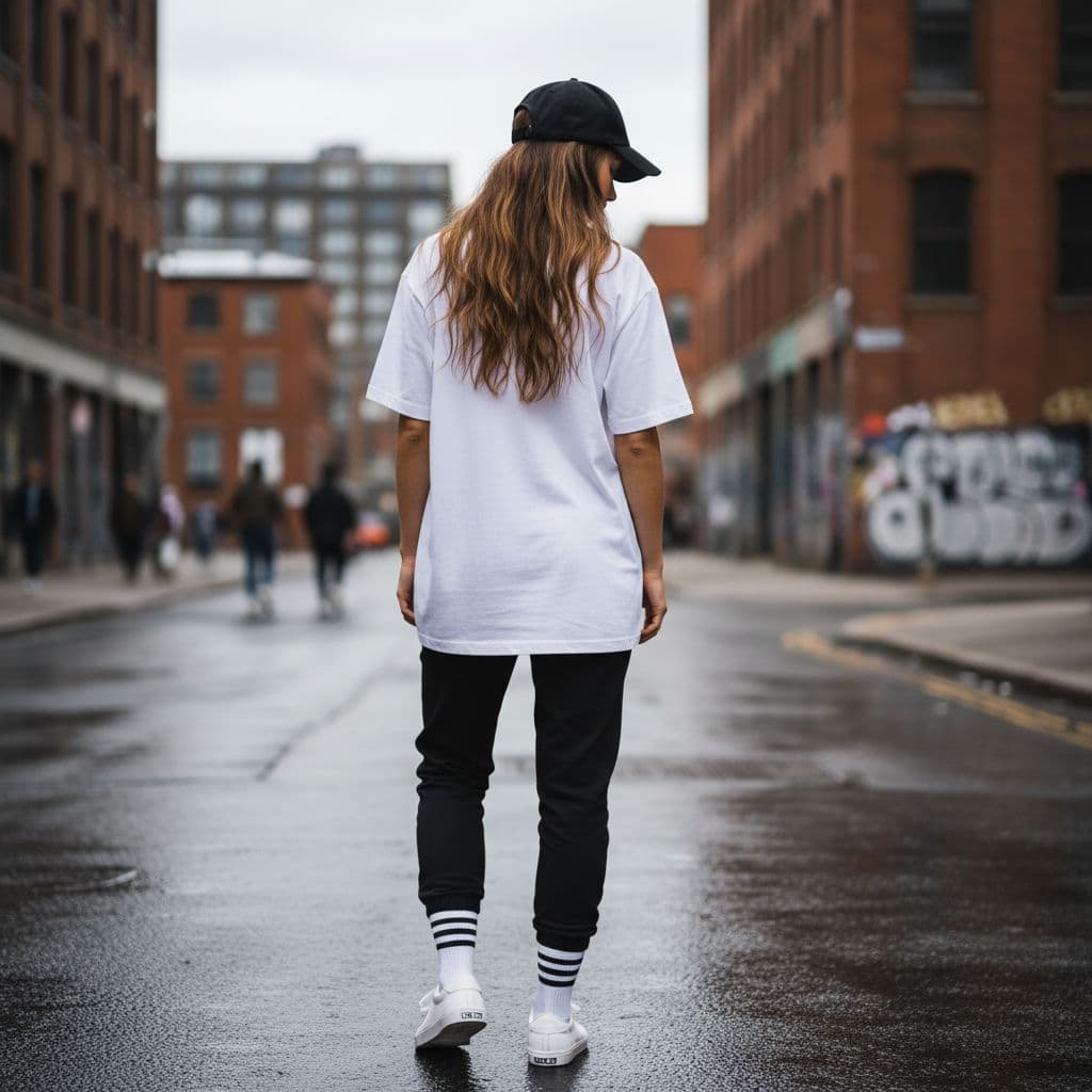 AI generated: photography, rear shot, woman, street fashion, wearing a black cap, over sized white t-shirt, black ...
