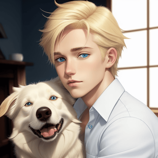 AI generated: man, blond hair, short, blue eyes, white shirt, with dog, border collie, golden eyes, dark brown, ca...