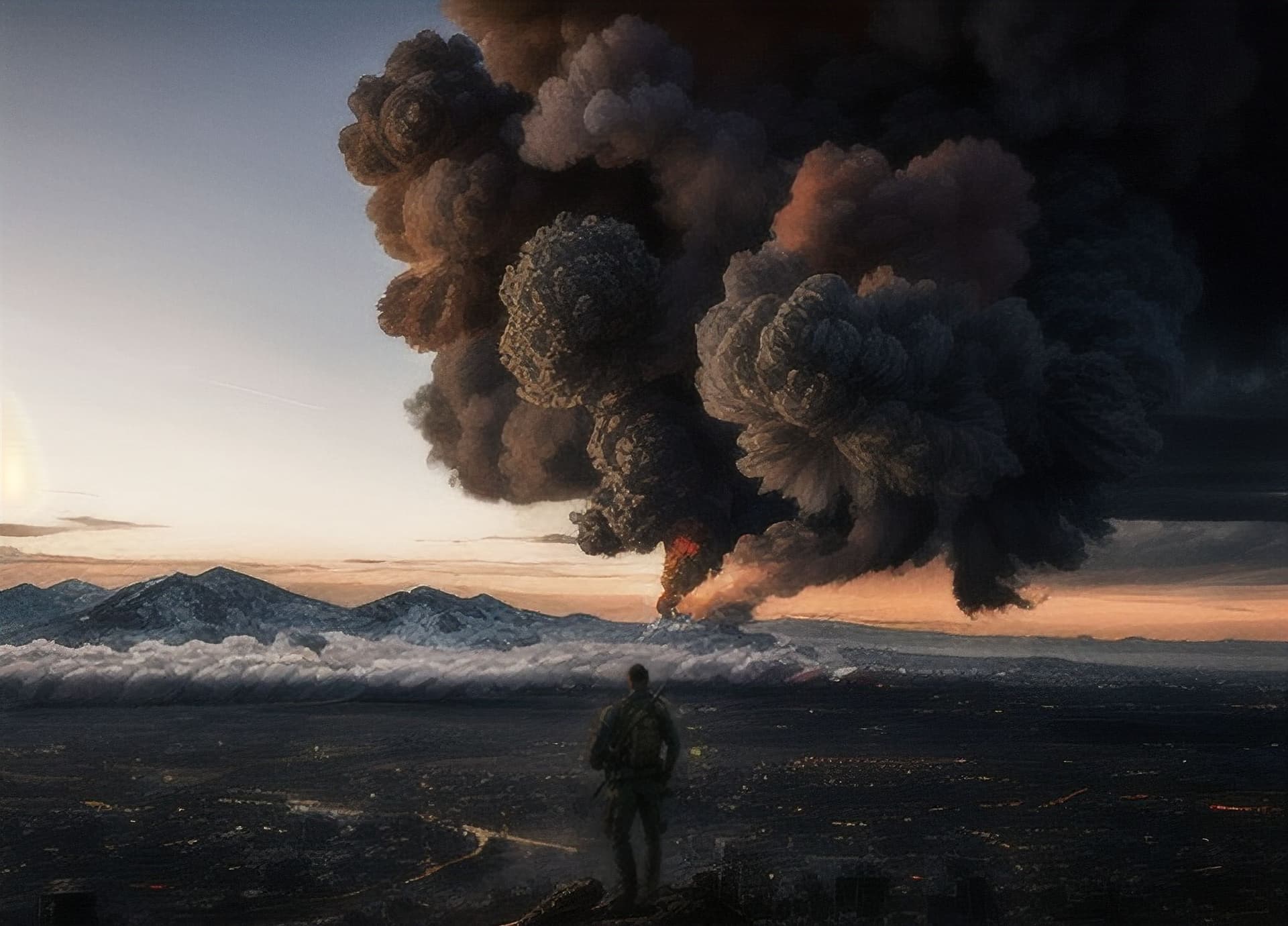 AI generated: a silhouetted figure on hill looking over post apocalyptic city, billowing smoke in the background, ...