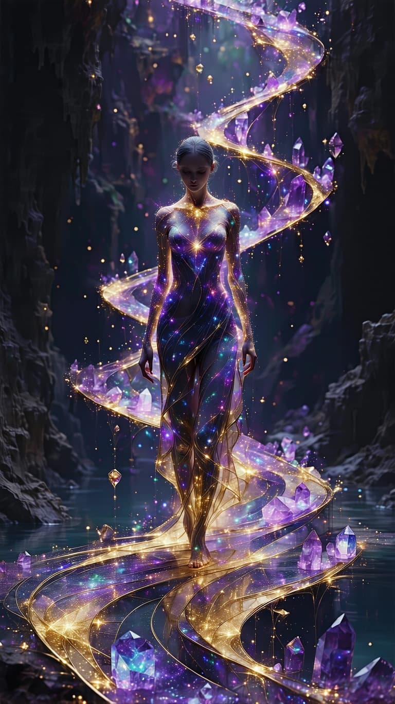 AI generated: A figure, their form shifting between gold and amethyst light, balances two floating crystalline pen...