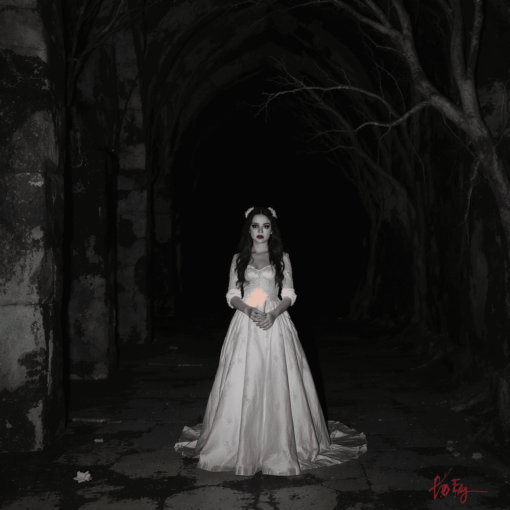 AI generated: a girl in a long white dress with a candle in her hand in a scary dark castle