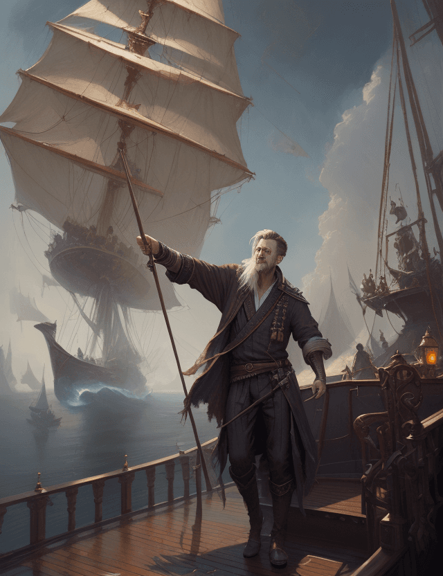 AI generated: A male wizard on the deck of a vessel by Greg Rutkowski, oil painting, heavy strokes, highly detaile...