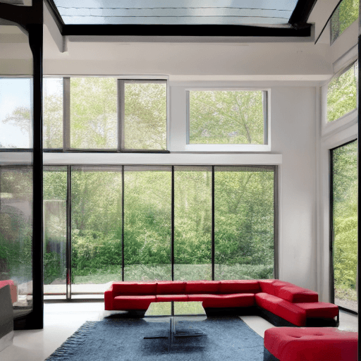 AI generated: Hyper realistic living room with one side glass window interior photo of a modern style house overlo...