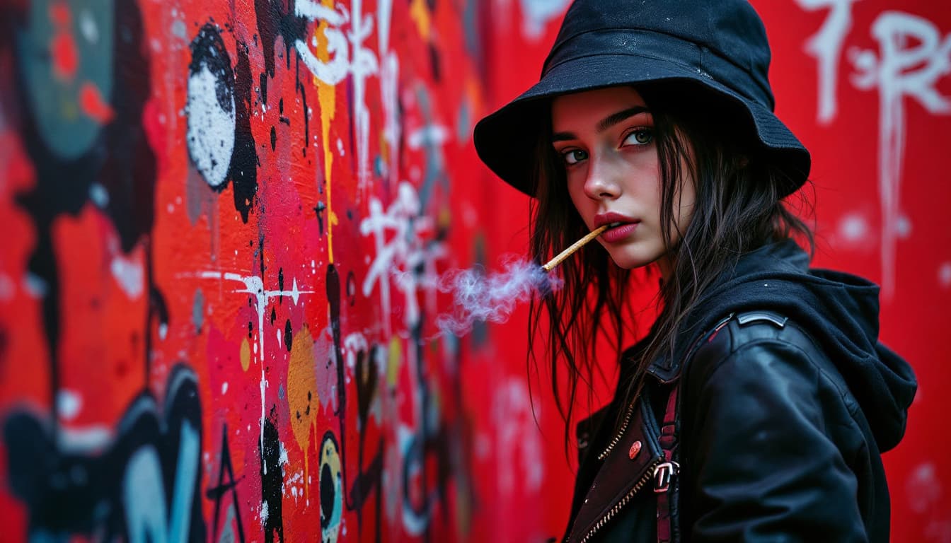 AI generated: close up, full color painting wall, standing cyberpunk 15 yo girl, (looking at viewer:1.5) , Porkpie...