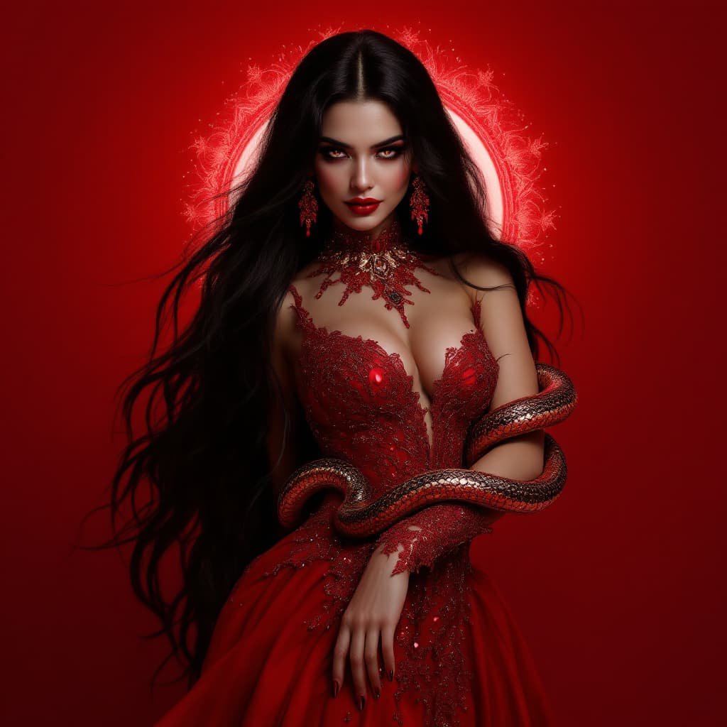 AI generated: Create an image of a woman with long black hair wearing an opulent high fashion gown against a deep ...