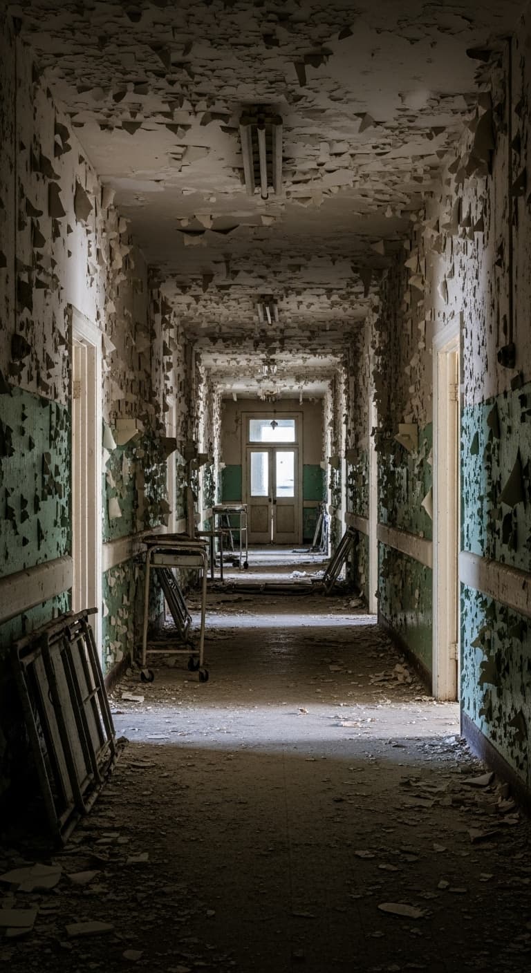 AI generated: liminal photography of a decaying hospital