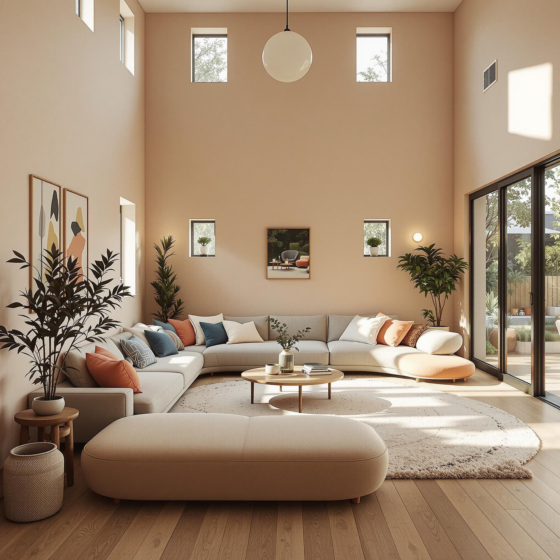 AI generated: High resolution photography interior design, dreamy sunken living room conversation pit, wooden floo...