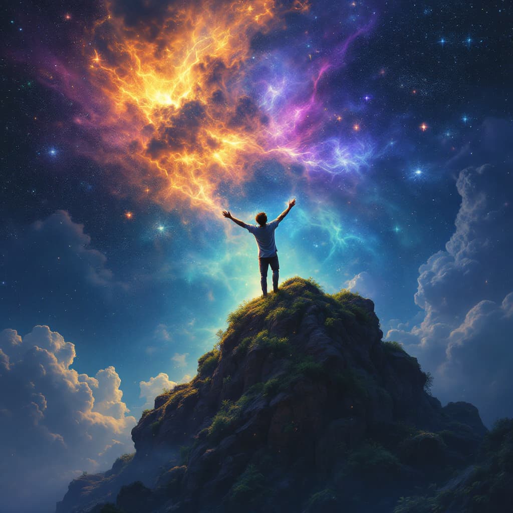 AI generated: A dream conjurer on top of a mountain of luminous greenery and beauty, hes sending dreams into the b...