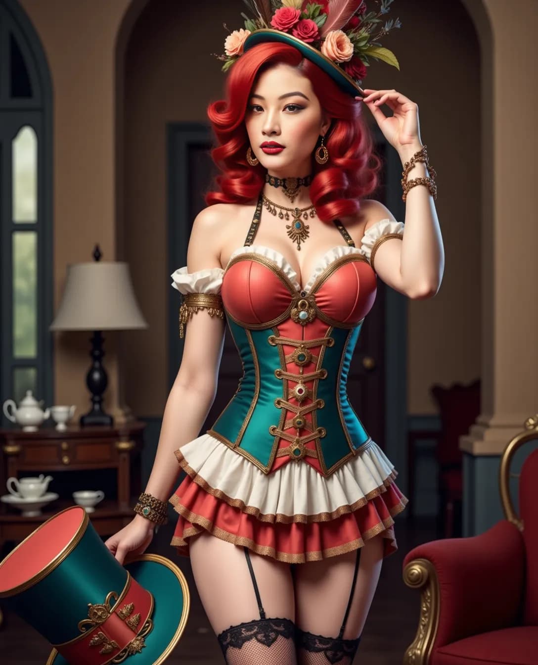 AI generated: Generate an image that shows a woman in a stylized costume that resembles steampunk and Victorian ae...