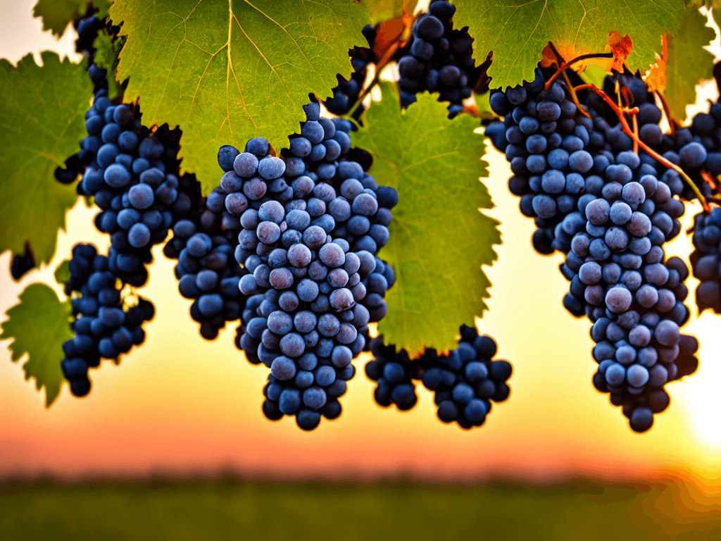AI generated: close up one big bunches of grapes are hanging from a vine in a vineyard at sunset grape field with ...