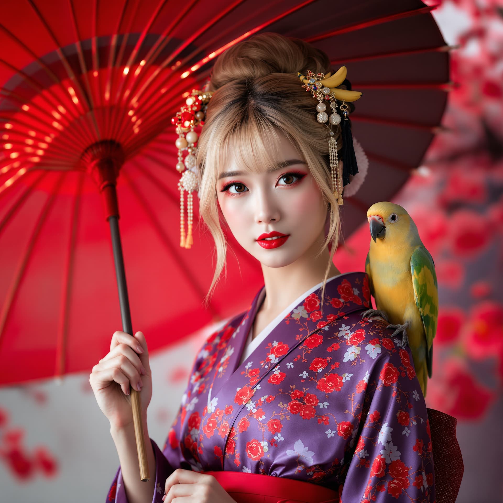 AI generated: A young, Asian woman, with fair skin and blonde flowing hair styled into a bun adorned with ornament...