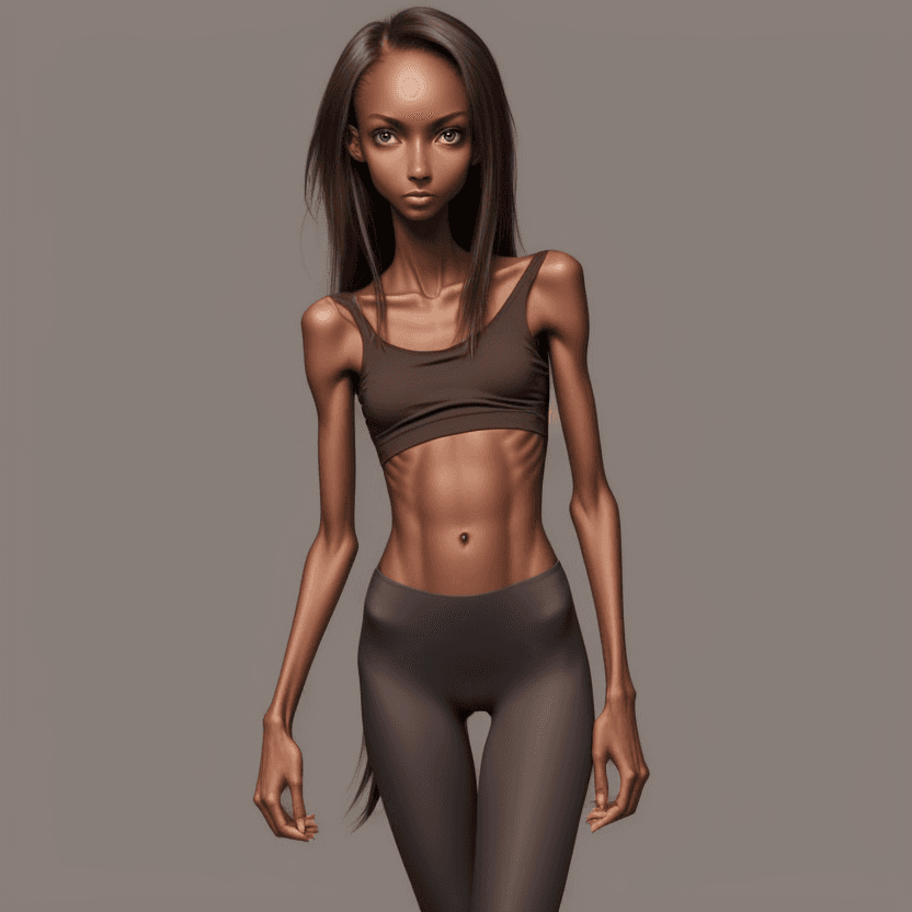 AI generated: extreme beautiful skinny brown skinned  slender face of skinny (almost anorexic) girl without a bra ...