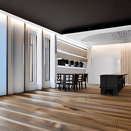 AI generated: photorealistic, perspective view, minimalist co-working space, bright finished and embient, elaborat...