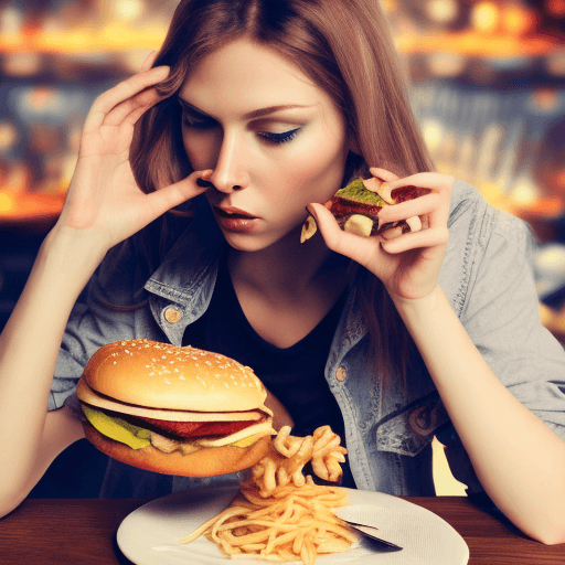 AI generated: a pretty blue eyed woman fully clothed crouched in a corner eating a burger filled with pasta, drama...