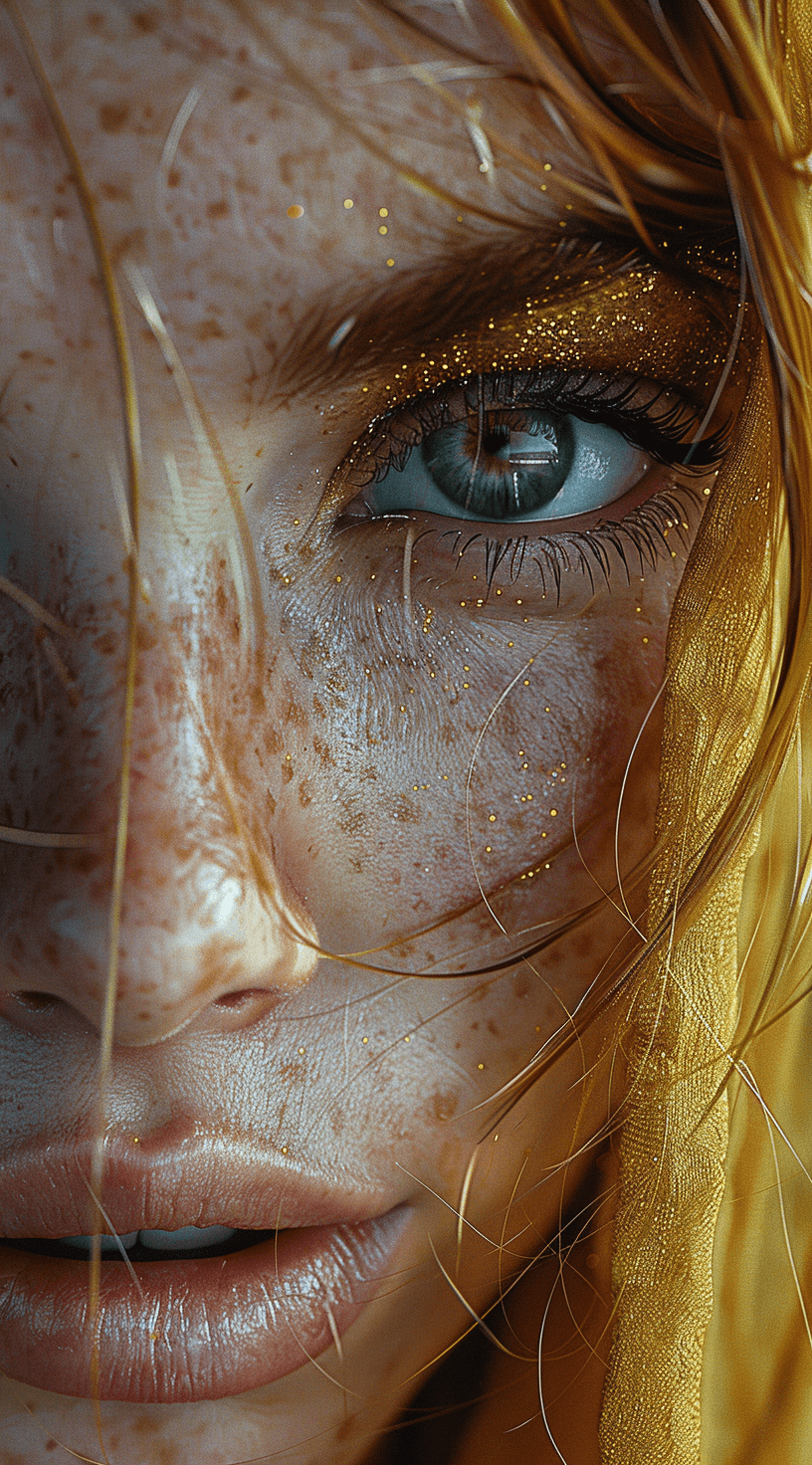 AI generated: close-up photo of a woman, in the style of igor zenin, dark amber and gold, beach portraits, ultra-r...