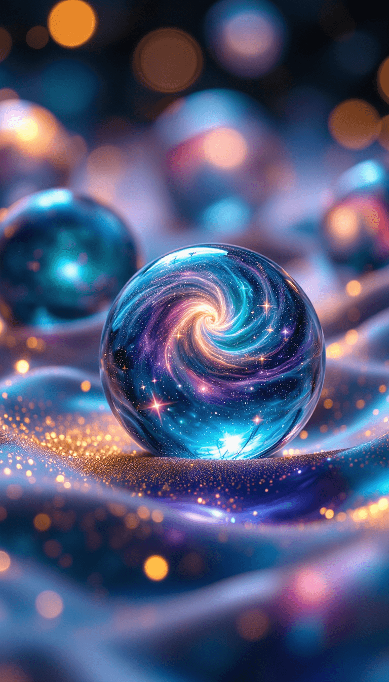 AI generated: A mesmerizing macro view of cosmic orbs resting on a fluid, stardust-covered surface. The orbs refle...