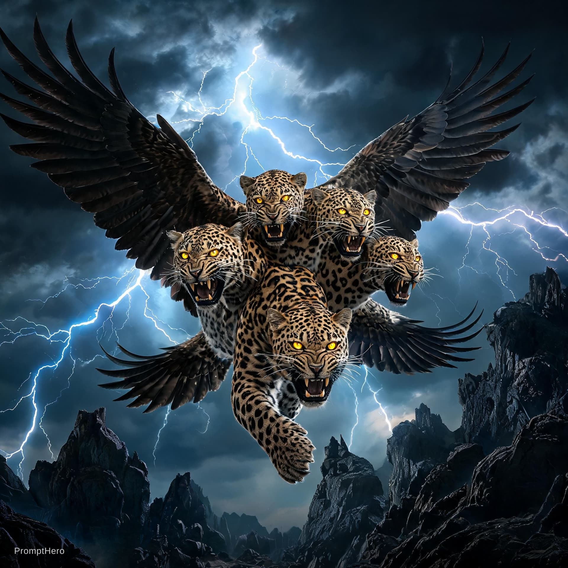 AI generated: A sleek, ferocious leopard with four bird-like wings extended in mid-air, flying above rocky terrain...