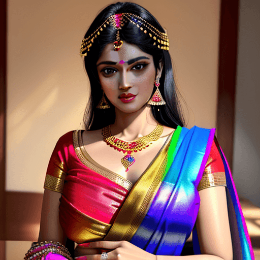 AI generated: Bold and gorgeous young indian mothers wearing shiny rainbow saree, golden ornaments, red blouse, bl...