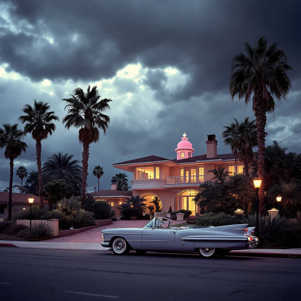 AI generated: **A Los Angeles mansion with a tropical garden against a backdrop of dark gathering stormclouds, '57...