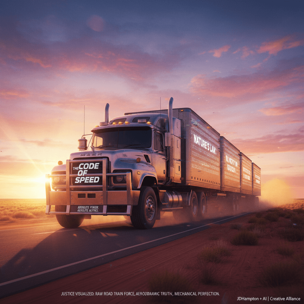 AI generated: Tribute Mack Road Train Northern Territory Australia, rumbling along the Stuart Highway at sunrise i...