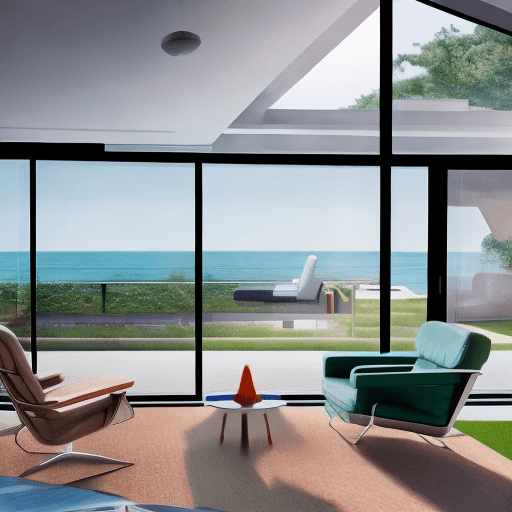 AI generated: Hyper realistic eye level exterior photo of a mid century modern style house overlooking the ocean, ...