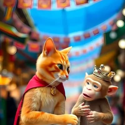 AI generated video: Cat slaps the monkey and takes crown from monkey's head