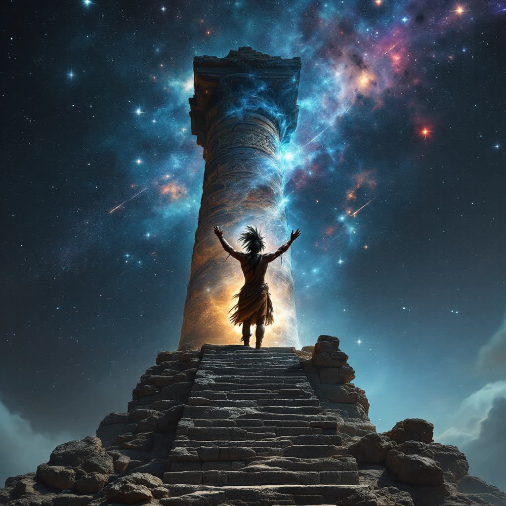 AI generated: Monumental Shaman Against the Cosmic Sky
The camera is placed at the base of a towering temple pilla...
