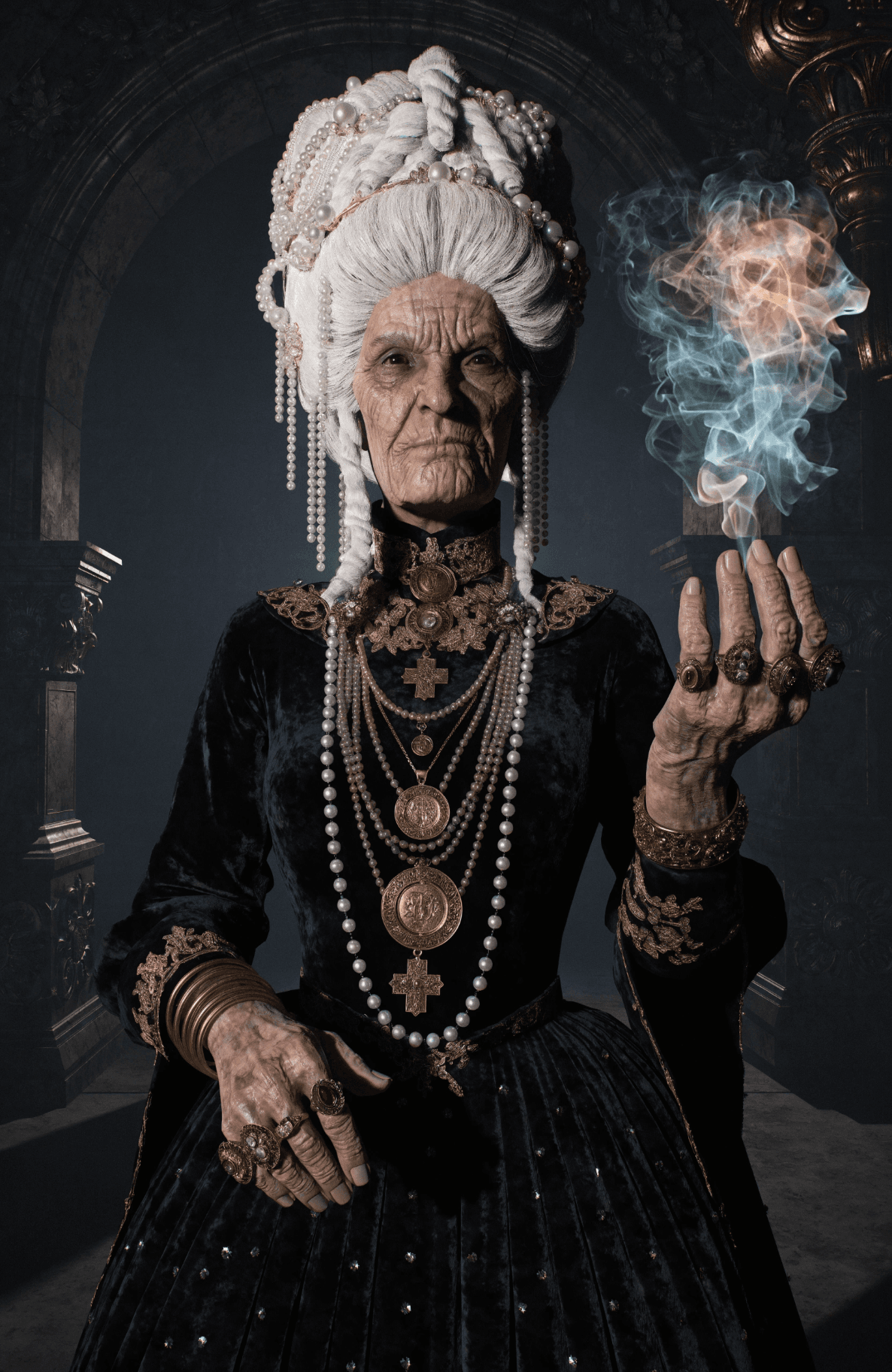 AI generated: A hyper-realistic cinematic portrait of an ancient, powerful sorceress. She has an unnaturally large...