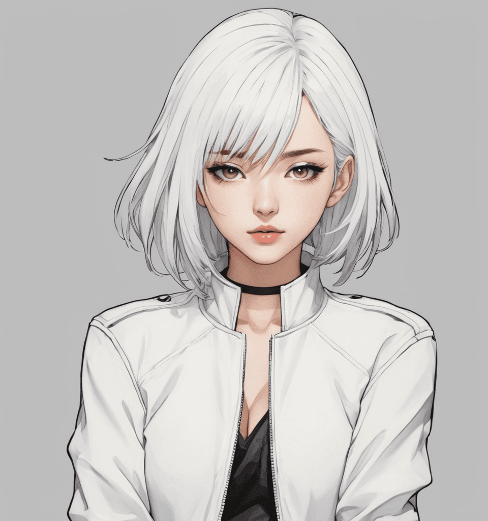 AI generated: girl, solo, white hair, manga style, black and white, minimalistic shades, simple background, hair b...